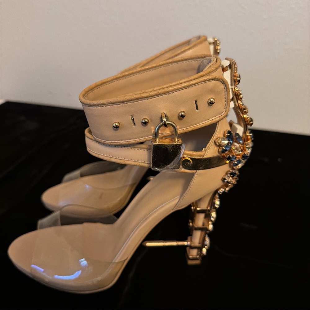 Dsquared2 Blue Crystal Stoned Heels with Metal Lock Embellish on Ankle Strap